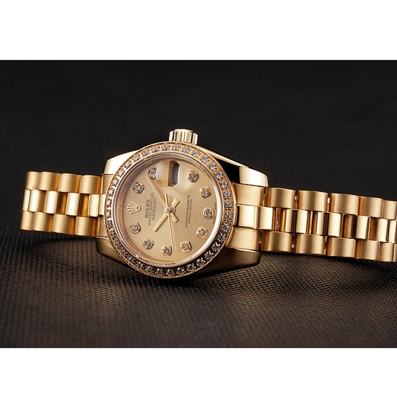 AAA Replica Watches Swiss 1454095 Gold Champagne Dial Diamond Bracelet Lady-Datejust Bezel Rolex 0806